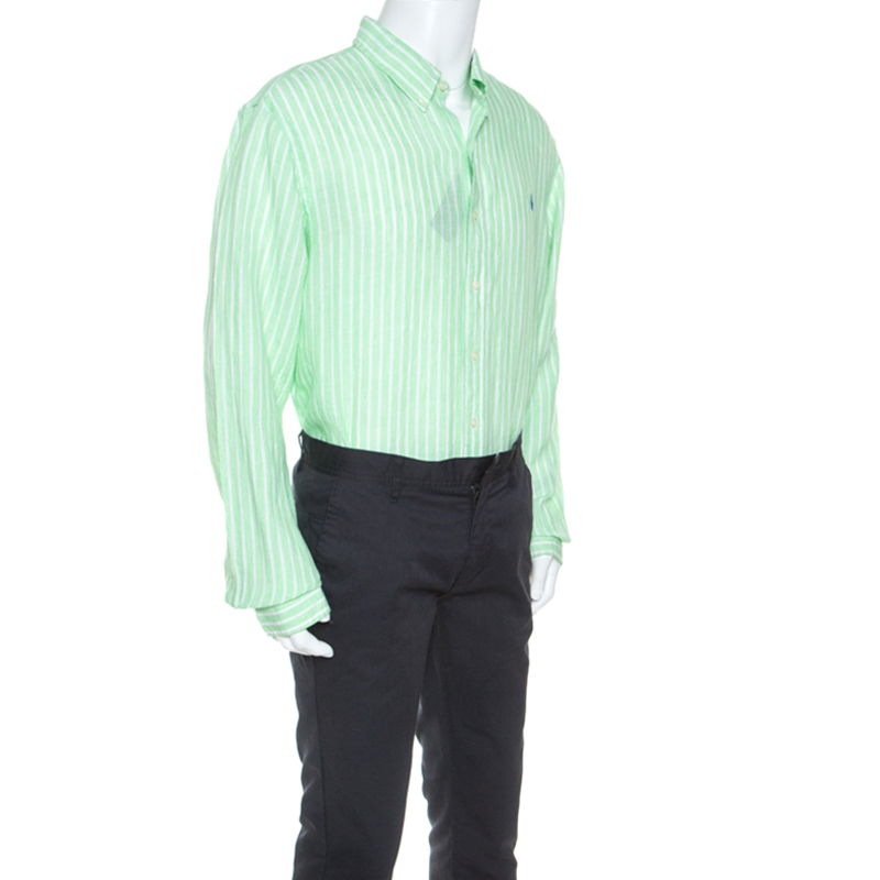 

Ralph Lauren Green Striped Ocean Wash Linen Slim Fit Shirt