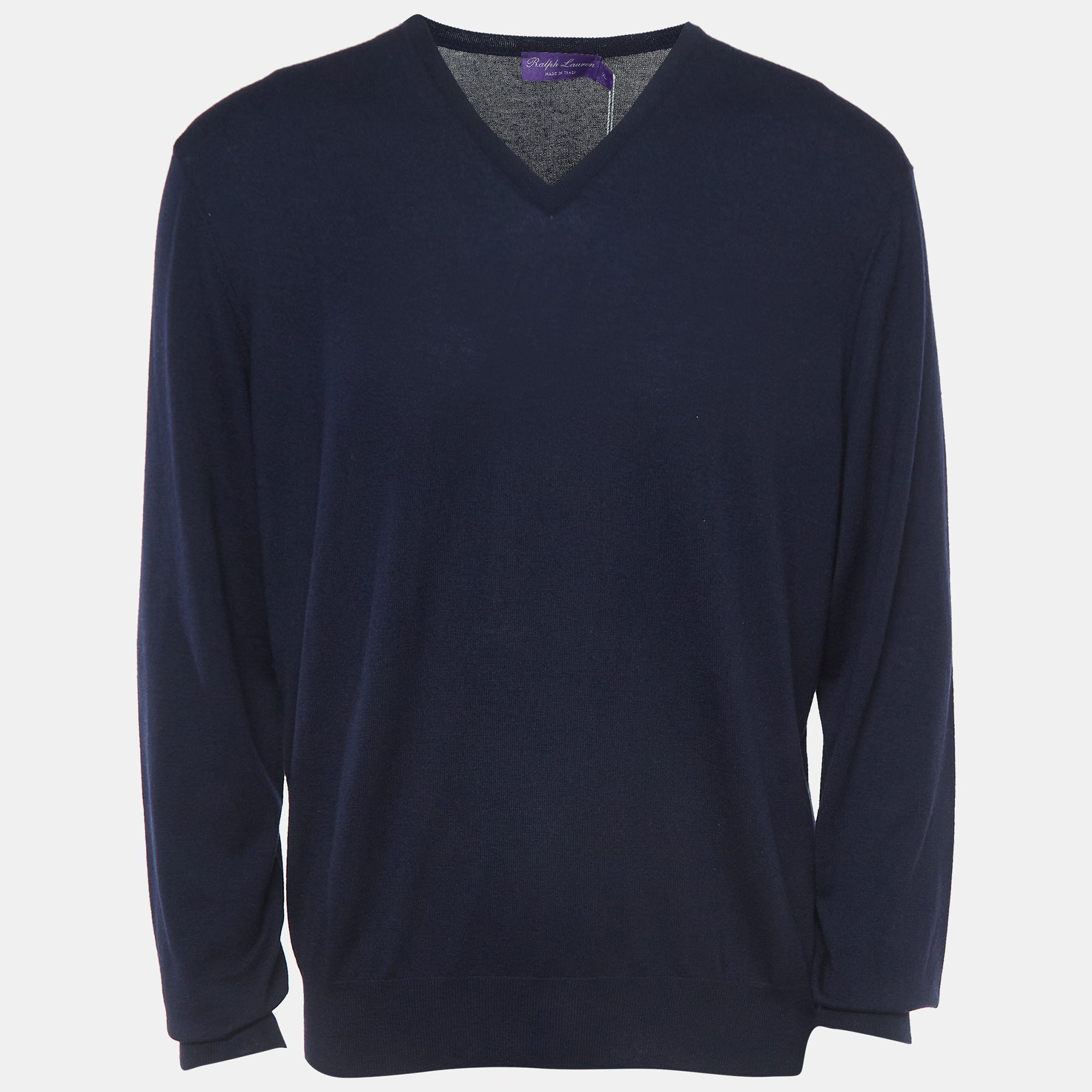 Pre-owned Ralph Lauren Navy Blue Cashmere V-neck Sweater Xl