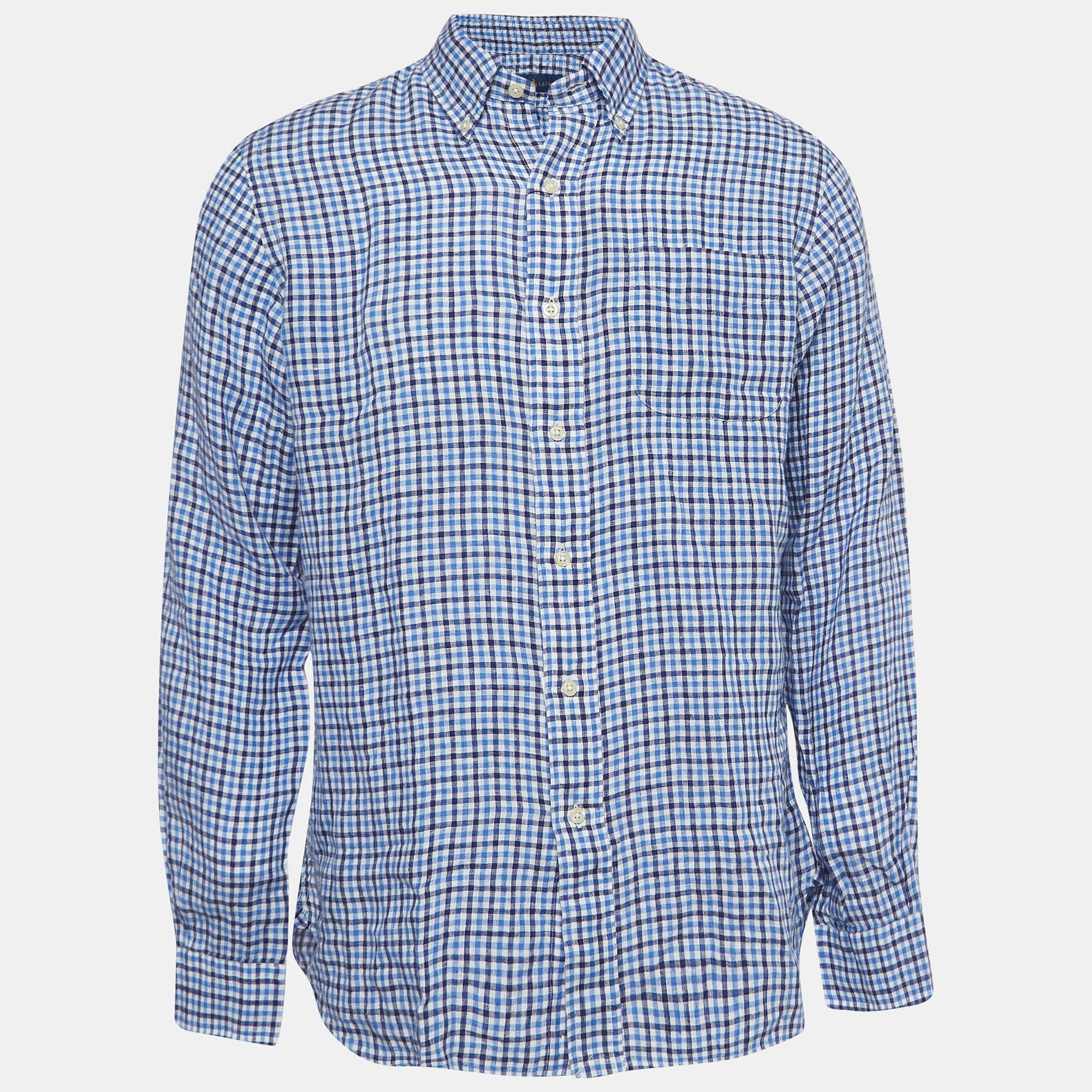 Pre-owned Ralph Lauren Blue Gingham Linen Button Down Shirt M