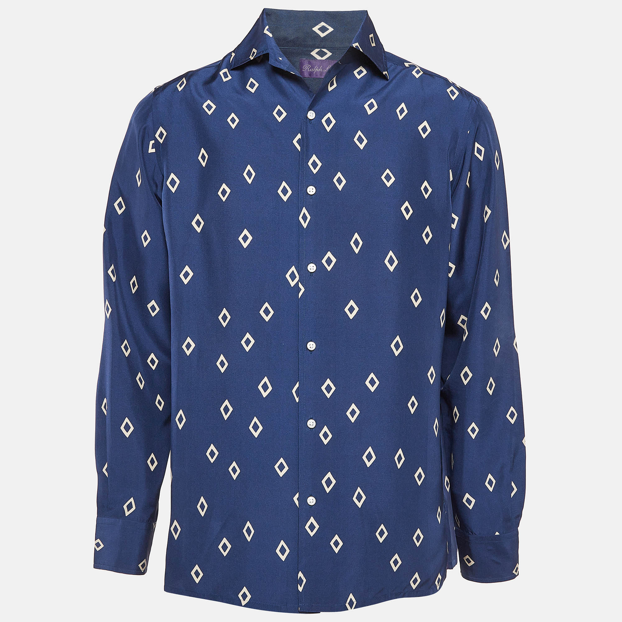 

Ralph Lauren Purple Label Blue Geometric Print Silk Shirt M, Black