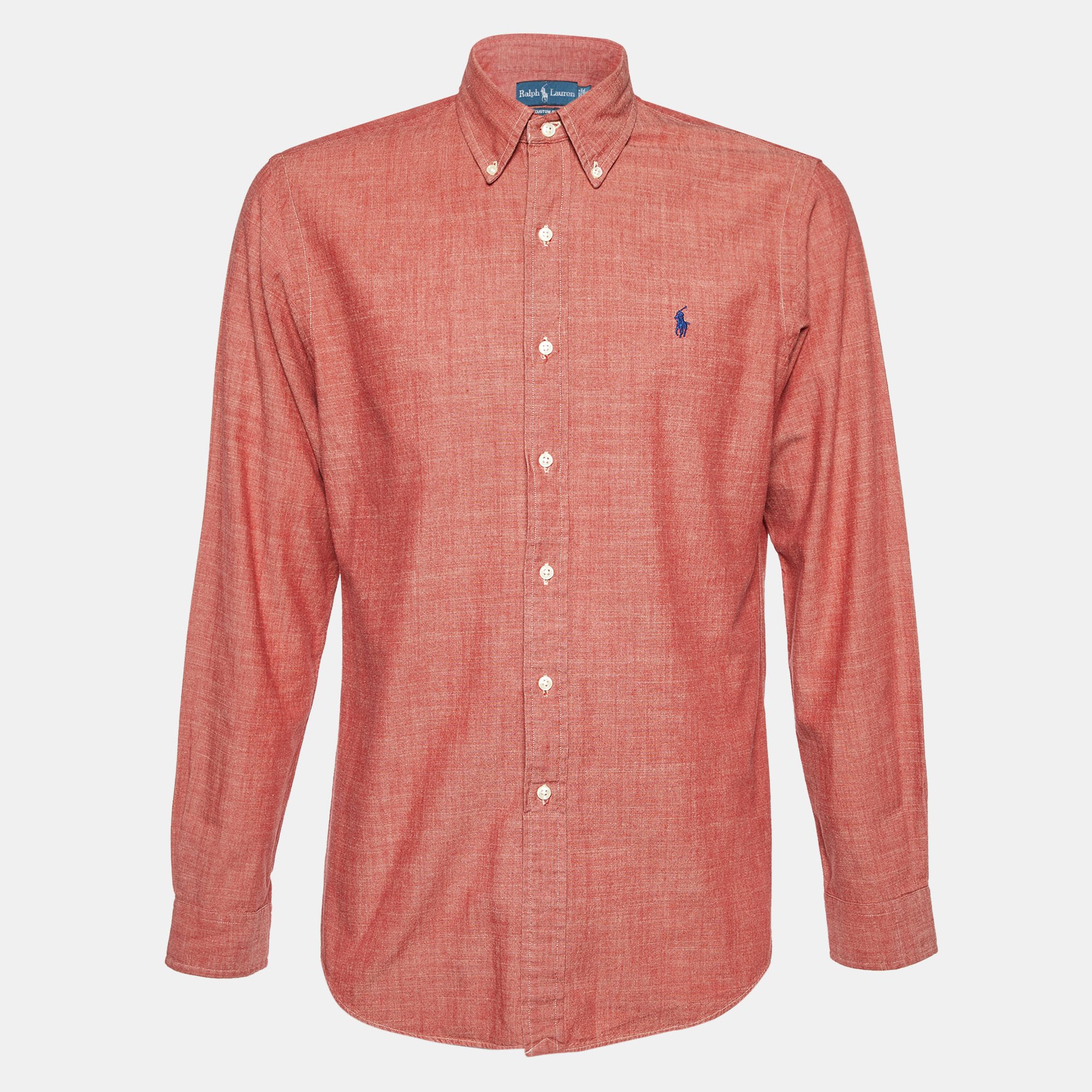 Pre-owned Ralph Lauren Coral Red Cotton Custom Fit Button Down Shirt M