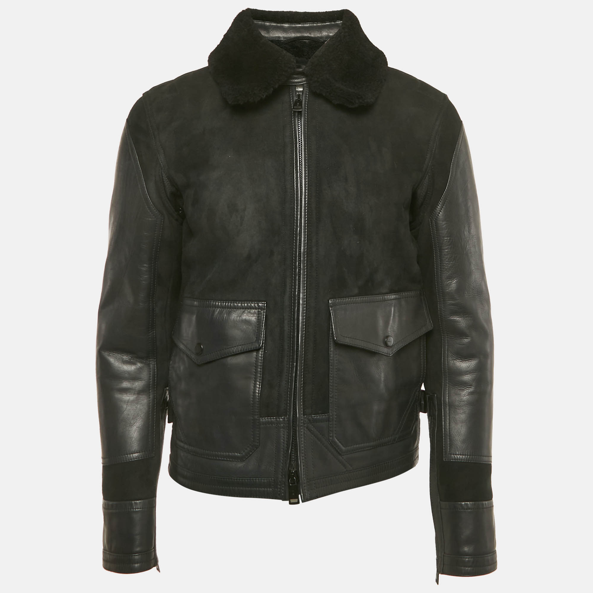 

Ralph Lauren Black Shearling and Suede Military Bomber Jacket M