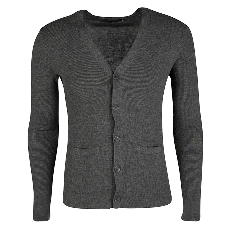 Pre Owned Ralph Lauren Grey Merino Wool Rib Knit Cardigan M