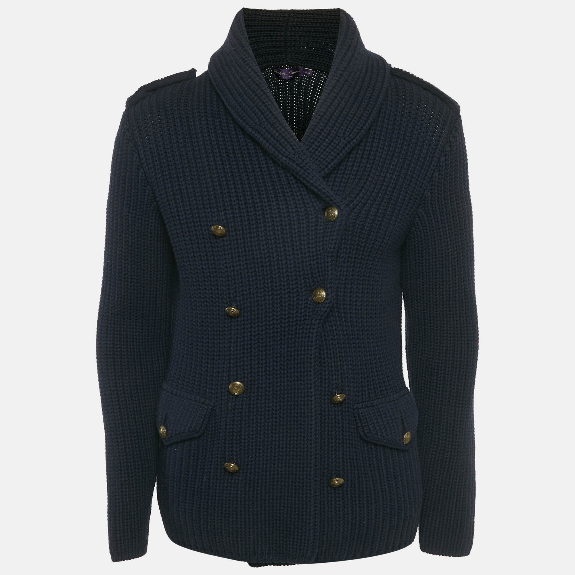 

Ralph Lauren Blue Rib Knit Double Breasted Cardigan S
