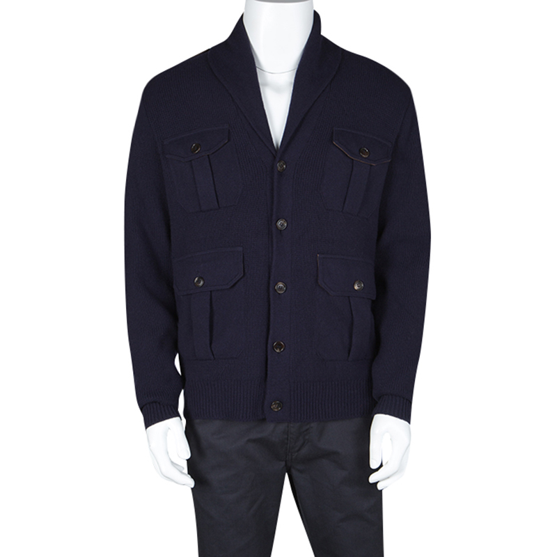 

Ralph Lauren Navy Blue Cashmere Leather Elbow Patch Detail Cardigan