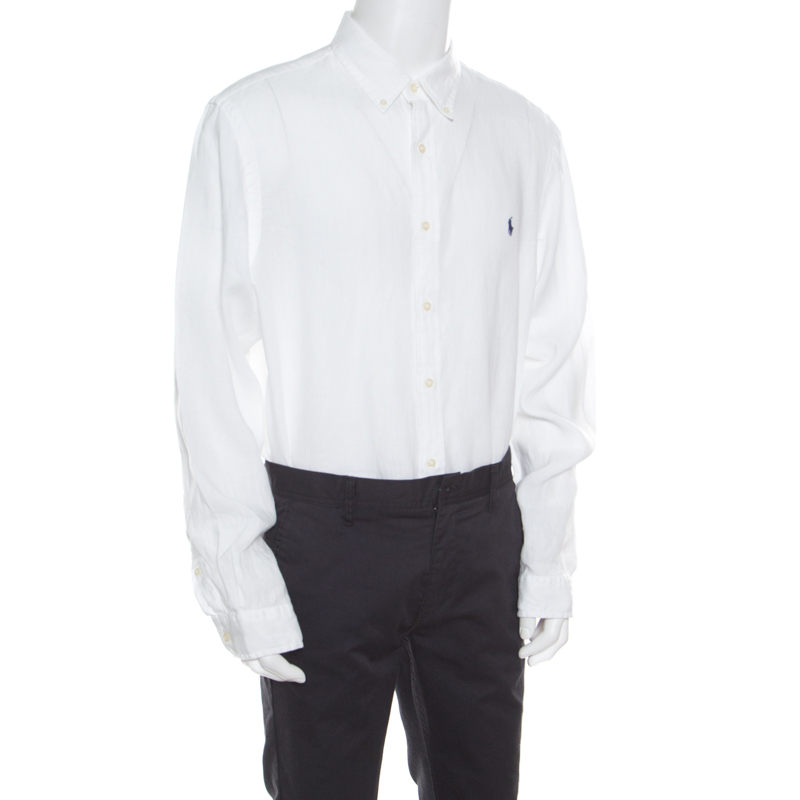 

Ralph Lauren White Linen Logo Embroidered Slim Fit Button Down Shirt