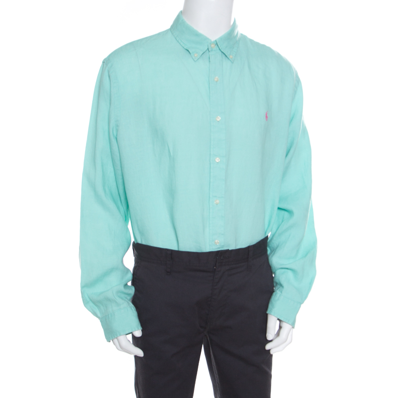 

Ralph Lauren Mint Green Linen Logo Embroidered Slim Fit Button Down Shirt