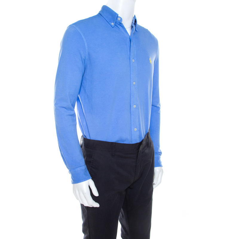 

Ralph Lauren Featherweight Mesh Cabana Blue Cotton Pique Knit Long Sleeve Shirt