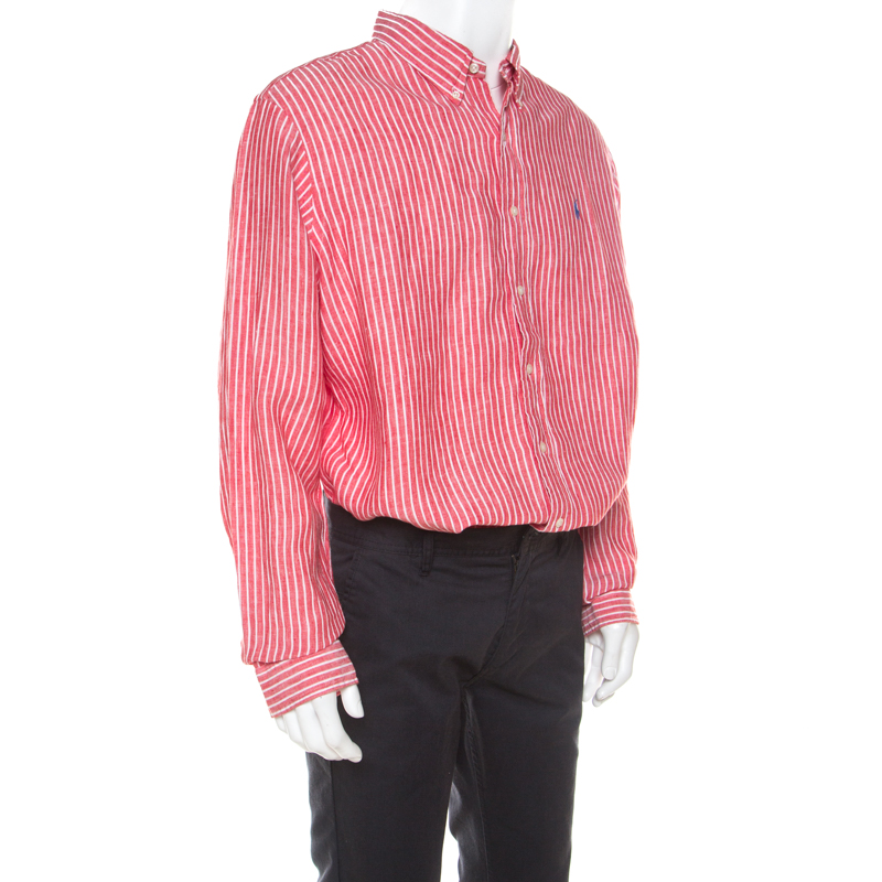 

Ralph Lauren Red and White Striped Linen Button Down Custom Fit Shirt