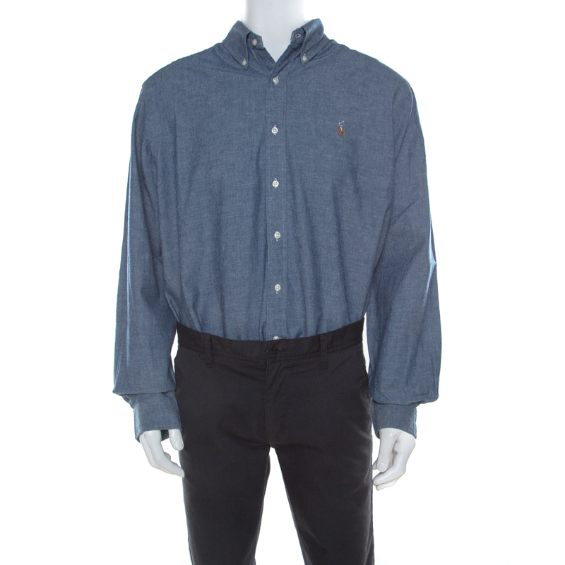 Pre Owned Ralph Lauren Blue Cotton Linen Blend Button Down Classic Fit Shirt XL 