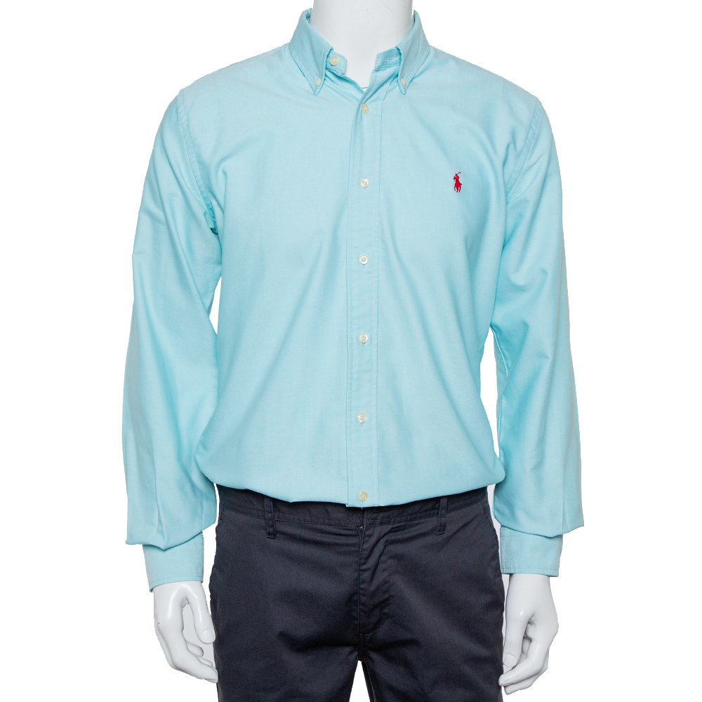 Pre-owned Ralph Lauren Blue Cotton Button Front Custom Fit Shirt M