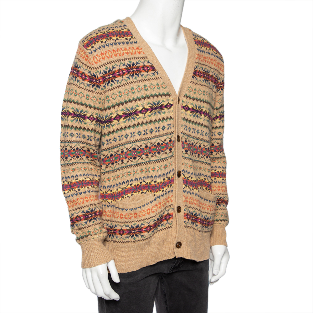 

Polo By Ralph Lauren Beige Fair Isle Intarsia Knit Button Front Cardigan