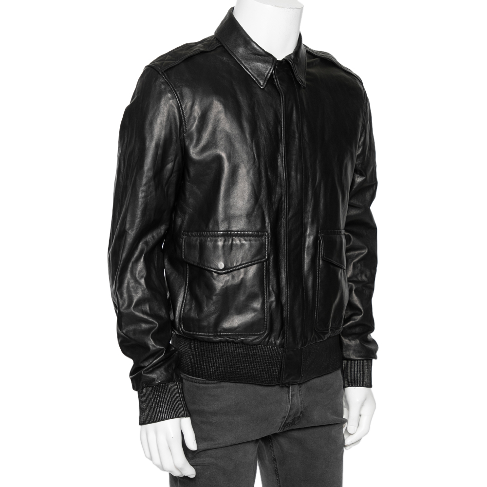 

Ralph Lauren Black Leather Zip Front Bomber Jacket