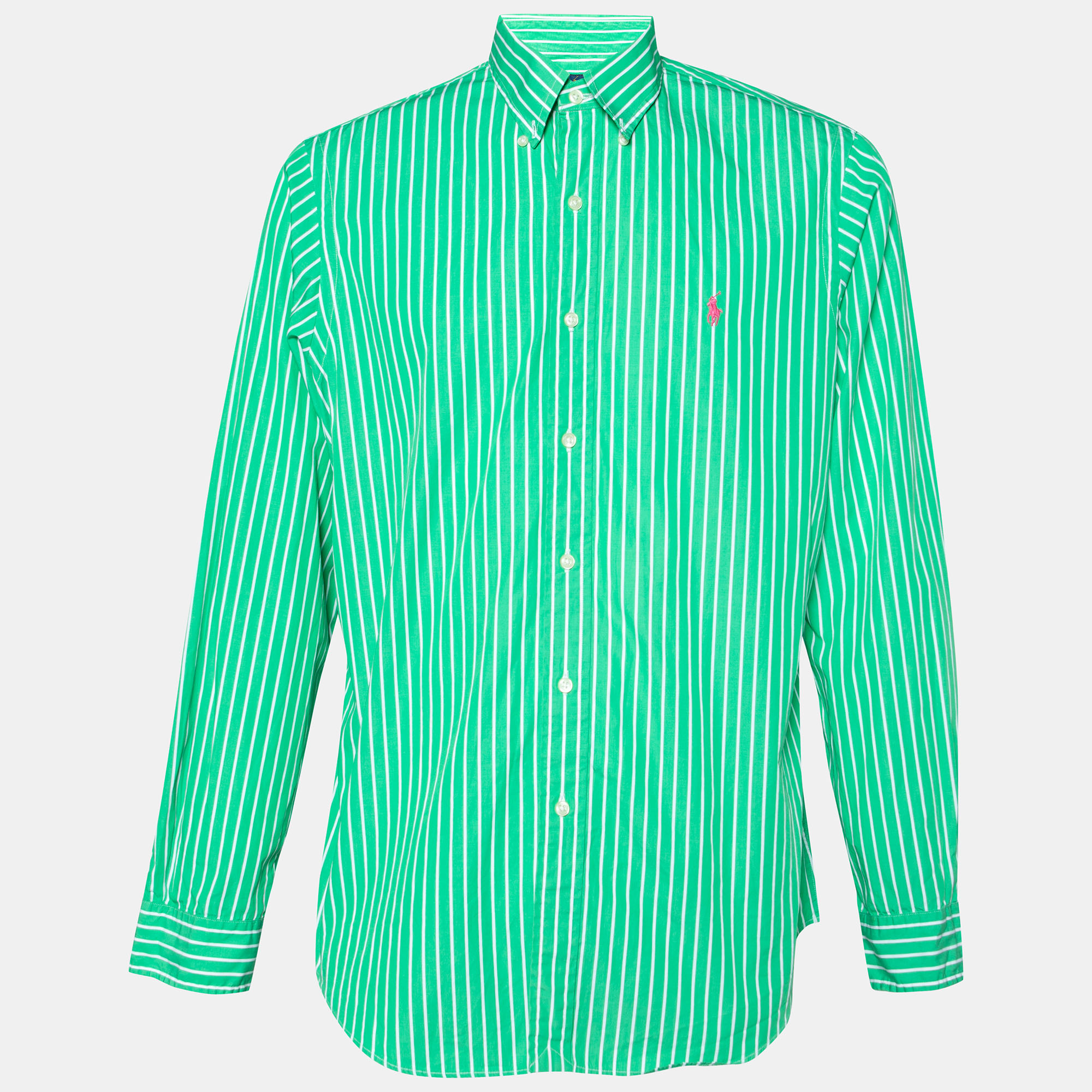 Pre-owned Ralph Lauren Green Striped Cotton Button Front Shirt L