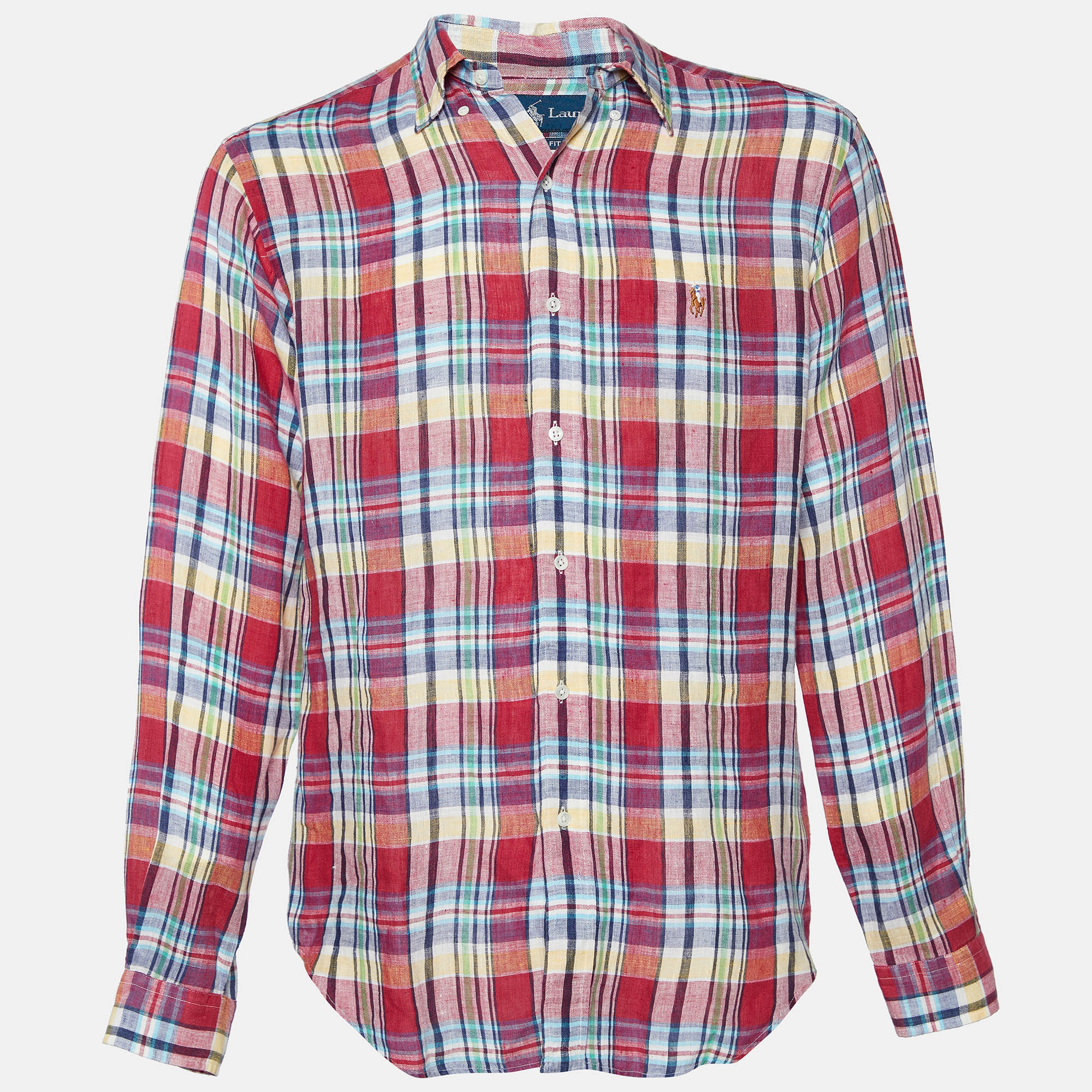 Pre-owned Ralph Lauren Red Checkered Linen Classic Fit Shirt M