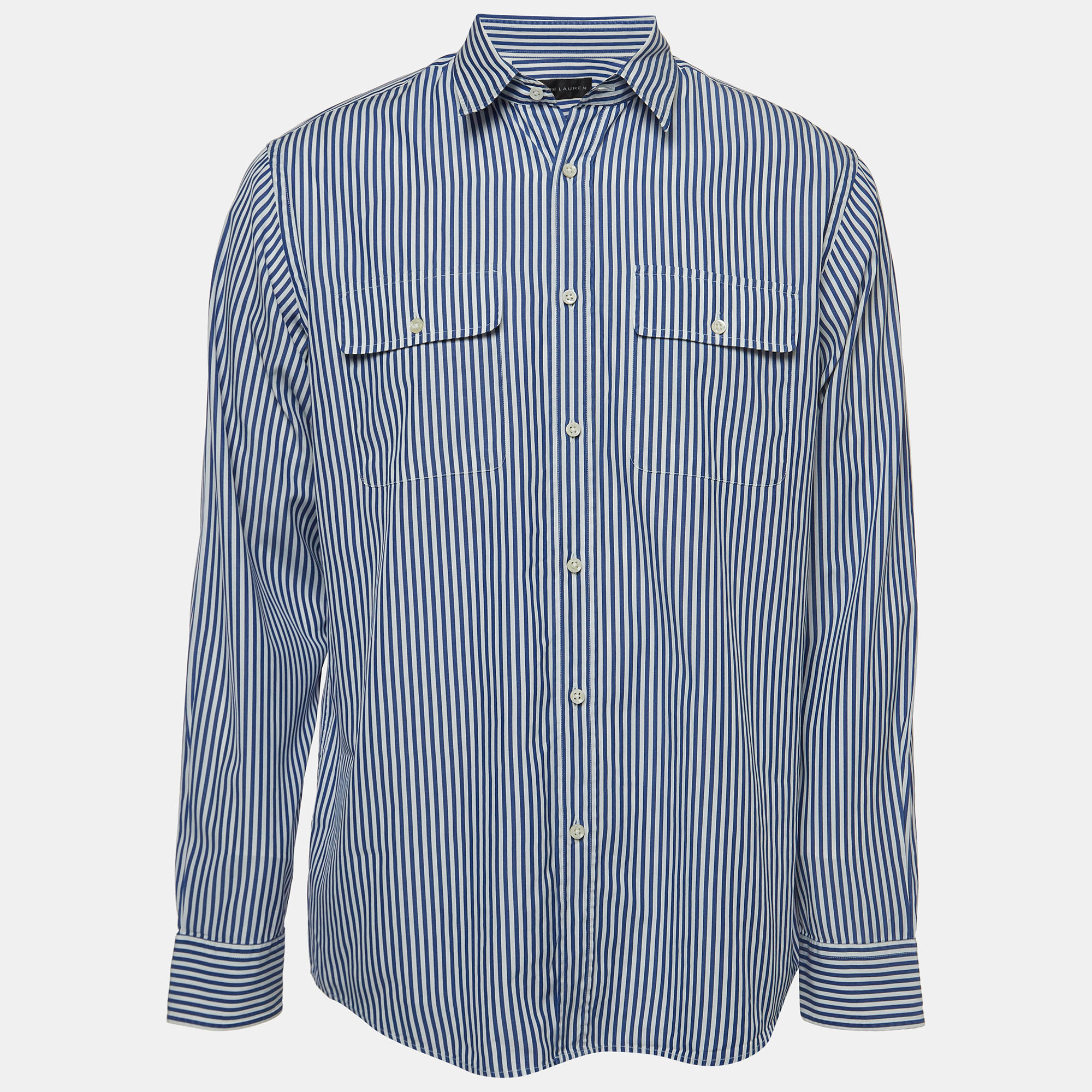 Pre-owned Ralph Lauren Blue Striped Cotton Button Front Shirt L