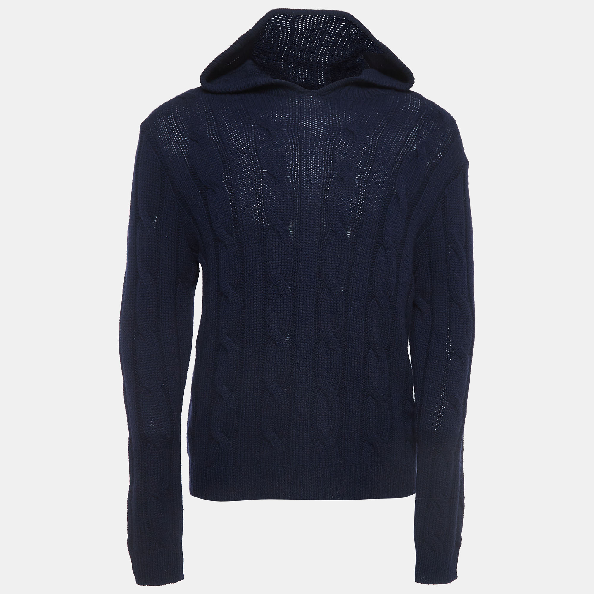 Pre Owned Ralph Lauren Navy Blue Patterned Cashmere Hooded Sweater L