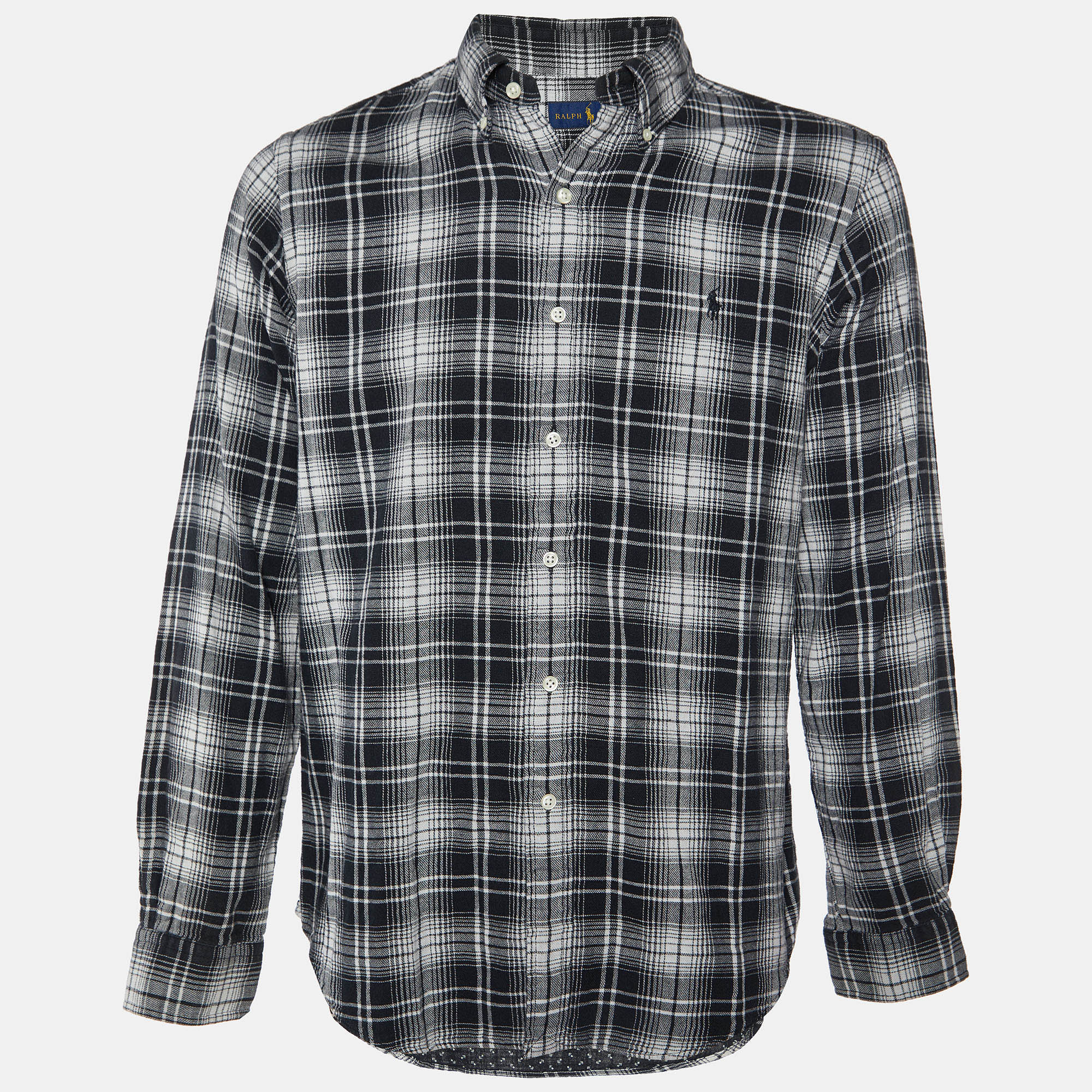 Pre-owned Ralph Lauren Monochrome Plaid Check Cotton Button Down Shirt L In Black