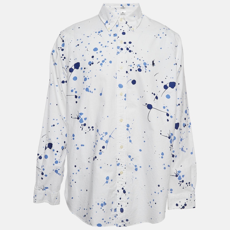 Pre-owned Ralph Lauren White/blue Paint Splashed Cotton Shirt Xl