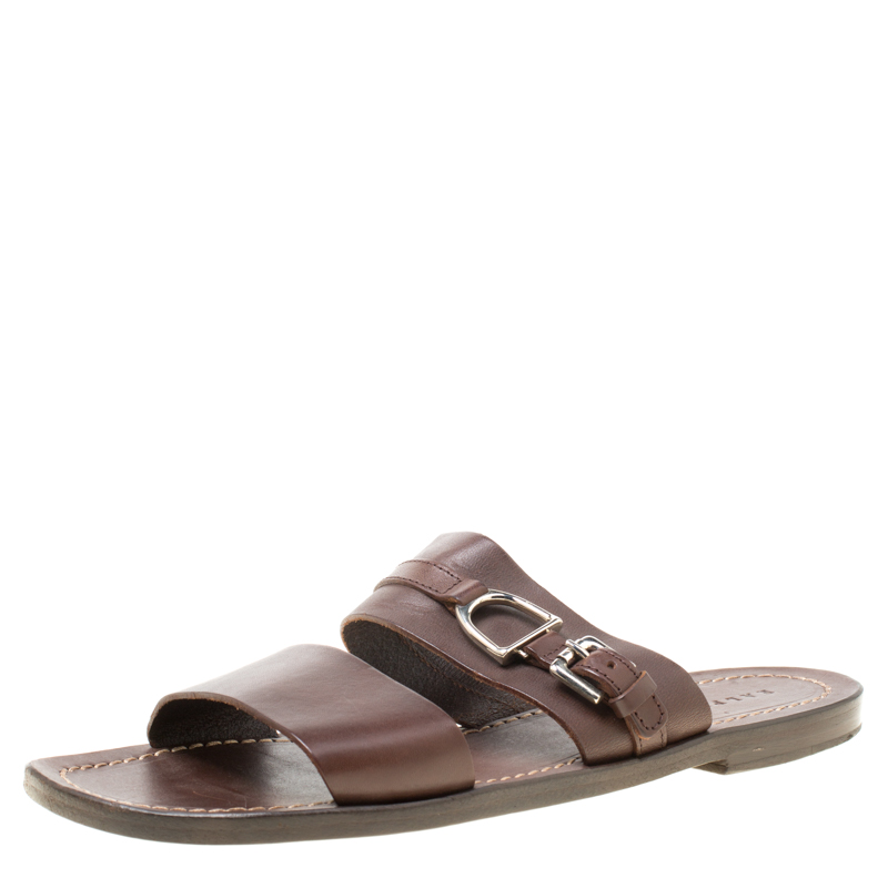 Pre Owned Ralph Lauren Brown Leather Buckle Detail Slides Size 42