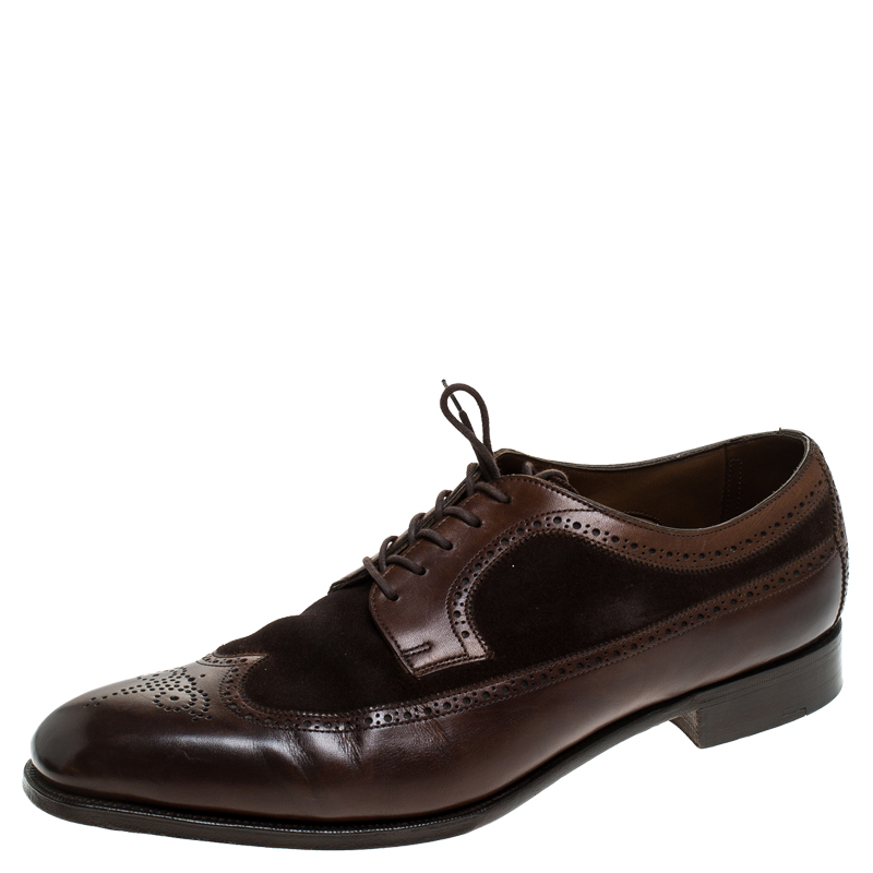 Pre Owned Ralph Lauren Brown Suede Leather Brogue Lace Up Oxfords Size 43.5