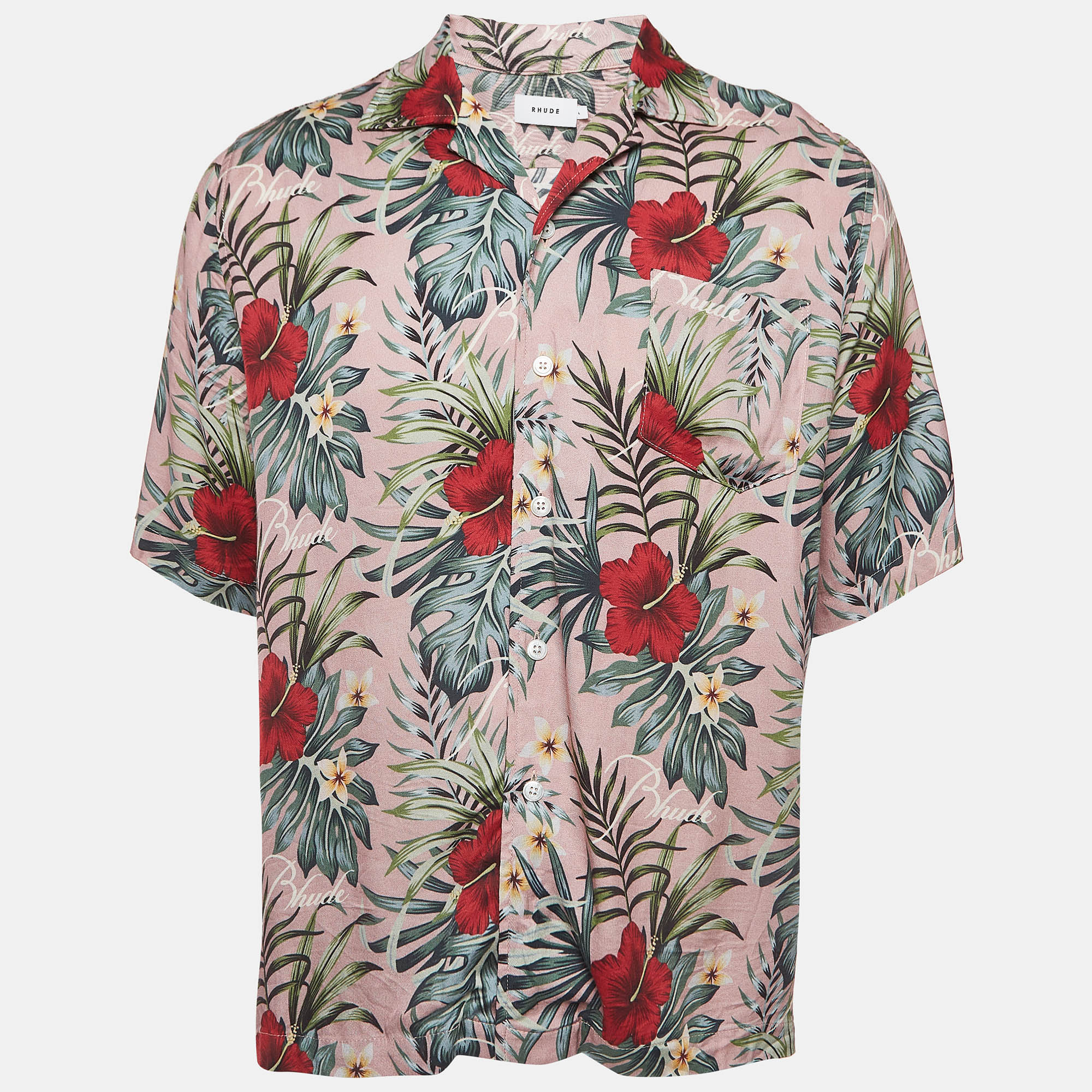 

Rhude Pink Tropical Print Twill Hawaiian Shirt L