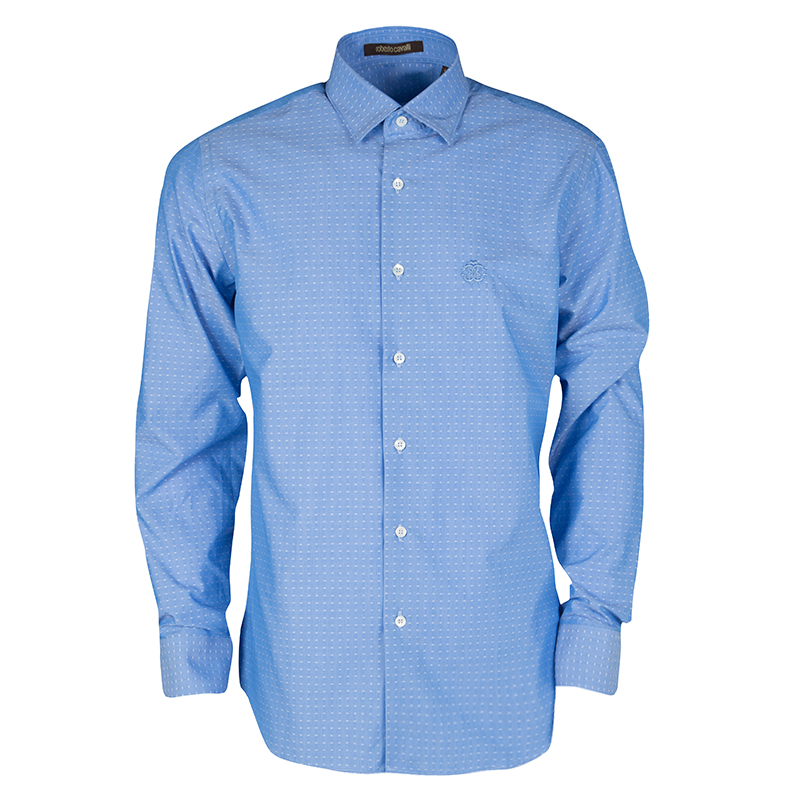 Pre Owned Roberto Cavalli Blue Cotton Dobby Jacquard Long Sleeve Slim Fit Shirt L