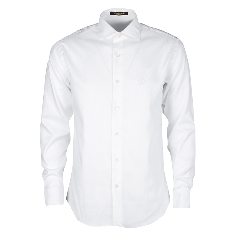 Pre Owned Roberto Cavalli White Cotton Long Sleeve Slim Fit Shirt L