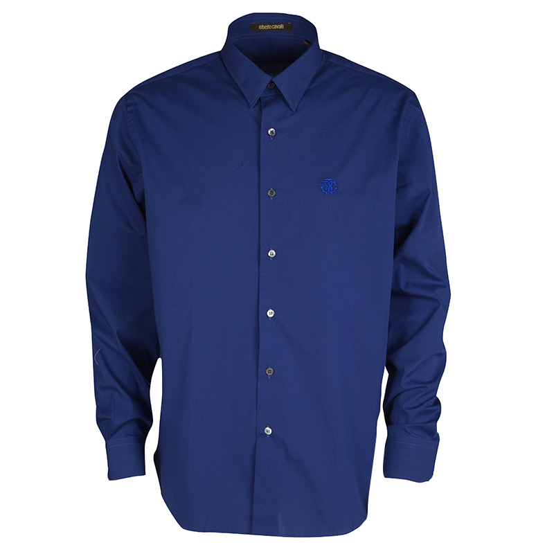 Roberto Cavalli Dark Blue Cotton Long Sleeve Slim Fit Shirt L
