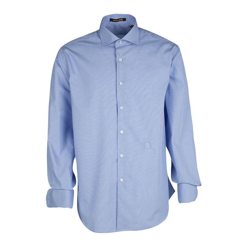 Pre Owned Roberto Cavalli Blue Cotton Logo Embroidered Long Sleeve Slim Fit Shirt XL