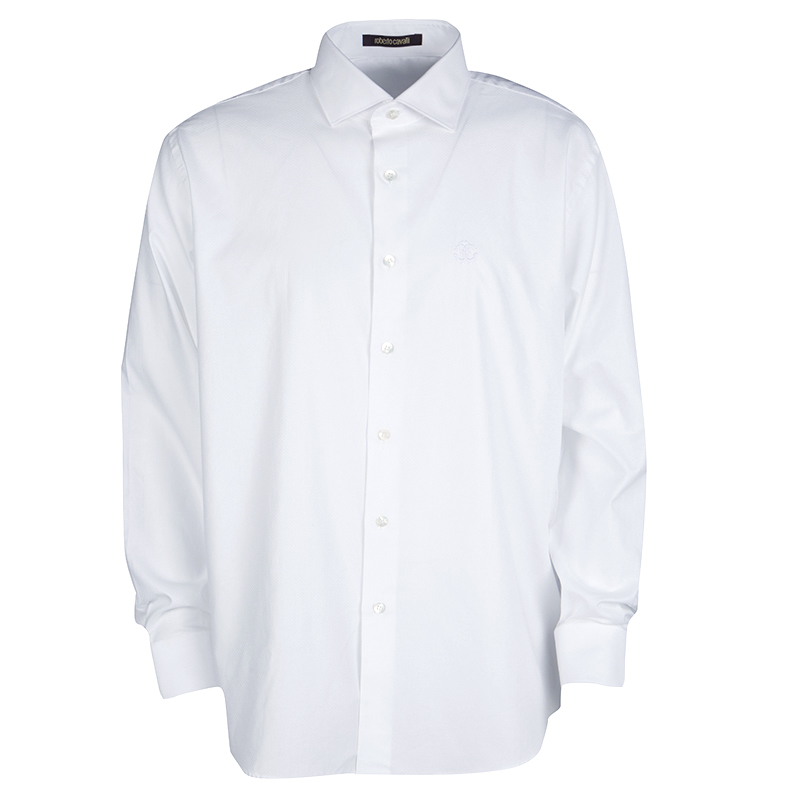 Pre Owned Roberto Cavalli White Self Dot Cotton Dobby Long Sleeve Slim Fit Shirt M