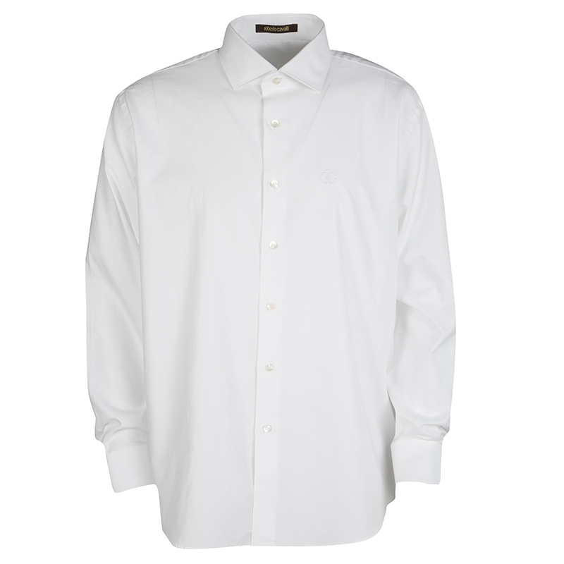 Pre Owned Roberto Cavalli White Self Dot Cotton Dobby Long Sleeve Slim Fit Shirt 4XL