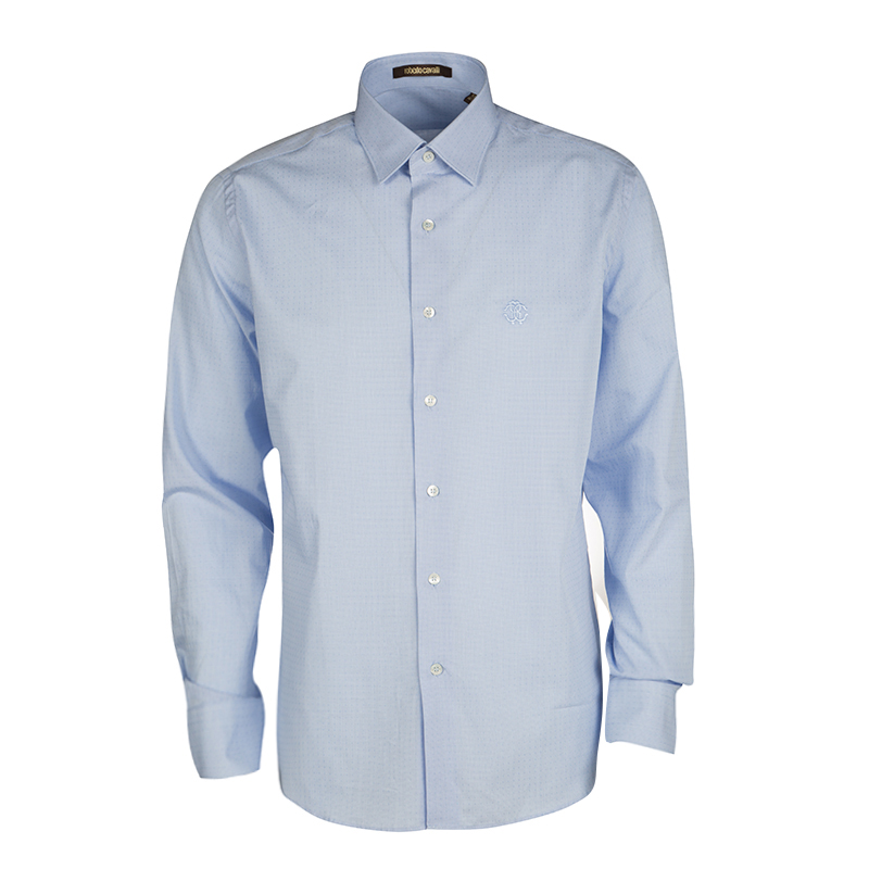 Roberto Cavalli Blue Mini Houndstooth Cotton Dobby Long Sleeve Slim Fit Shirt XL