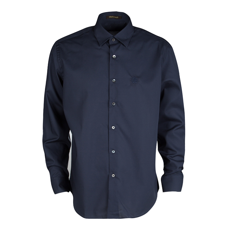 Roberto Cavalli Navy Blue Cotton Long Sleeve Button Front Slim Fit ...