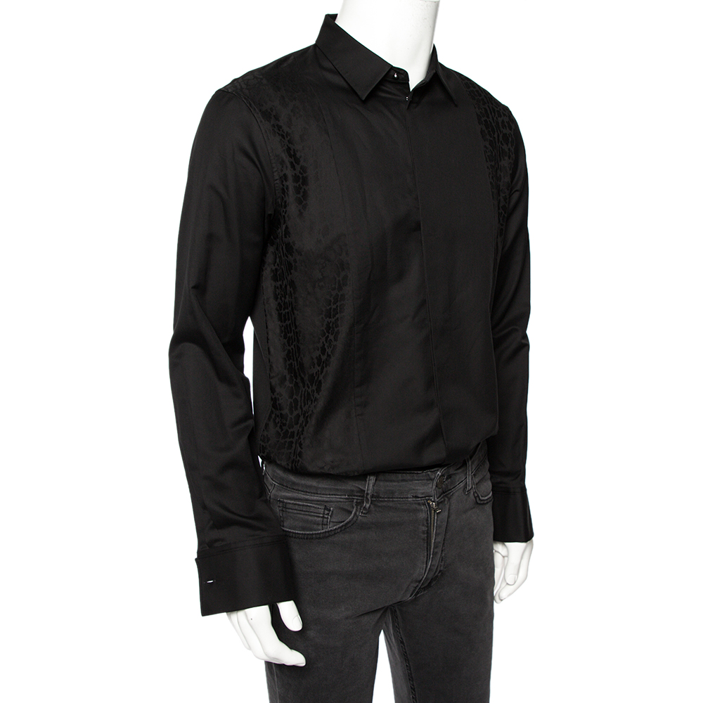 

Roberto Cavalli Black Cotton Animal Patterned Trim Concealed Placket Shirt