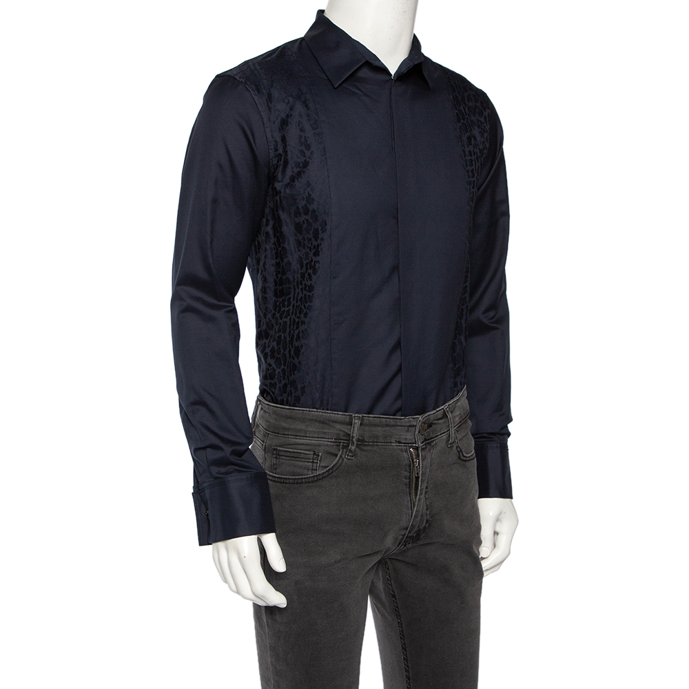 

Roberto Cavalli Navy Blue Cotton Animal Patterned Trim Concealed Placket Shirt