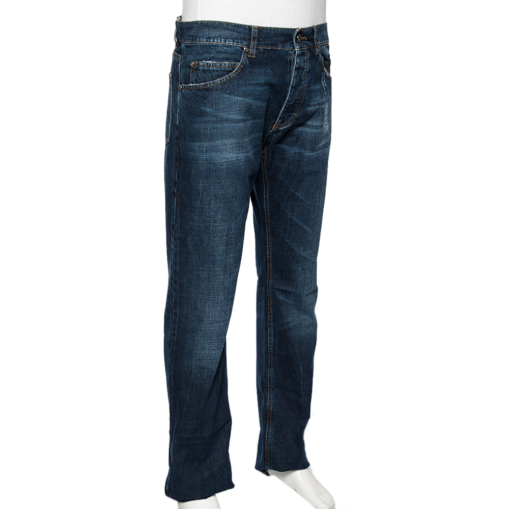 

Roberto Cavalli Indigo Medium Wash Distressed Denim Jeans, Blue