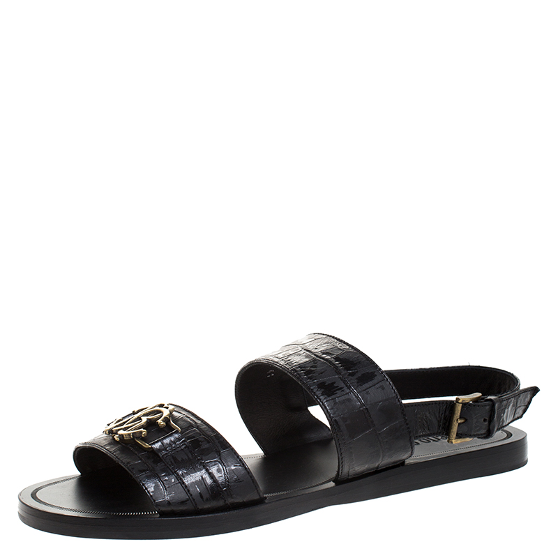 Roberto Cavalli Black Croc Embossed Leather Logo Flat Sandals Size 41