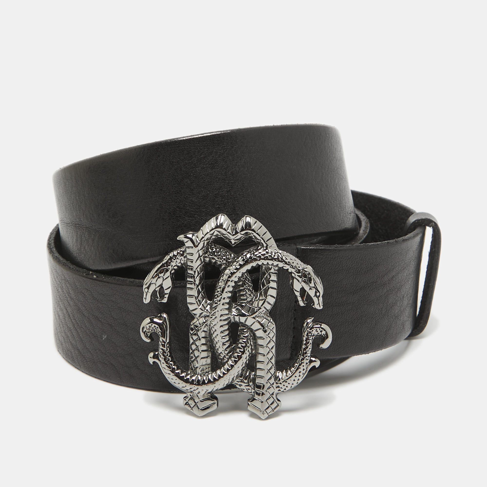 

Roberto Cavalli Black Leather RC Logo Buckle Belt