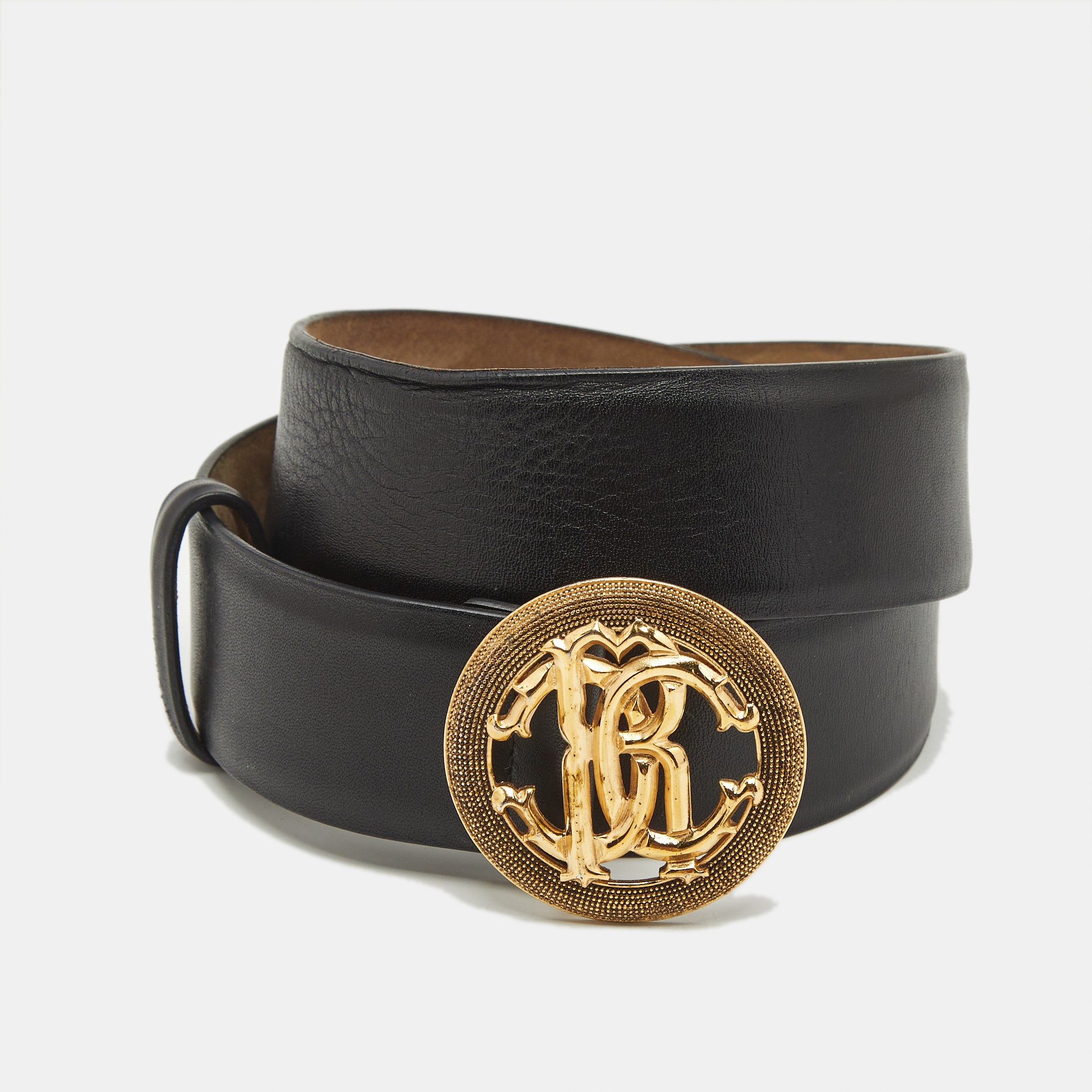 

Roberto Cavalli Black Leather RC Logo Round Belt