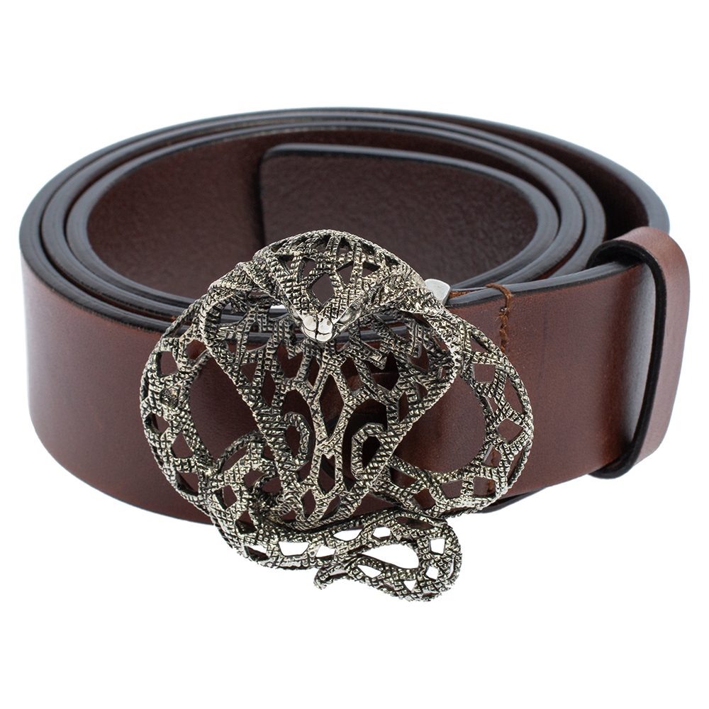 

Roberto Cavalli Dark Brown Leather Metal Snake Buckle Belt