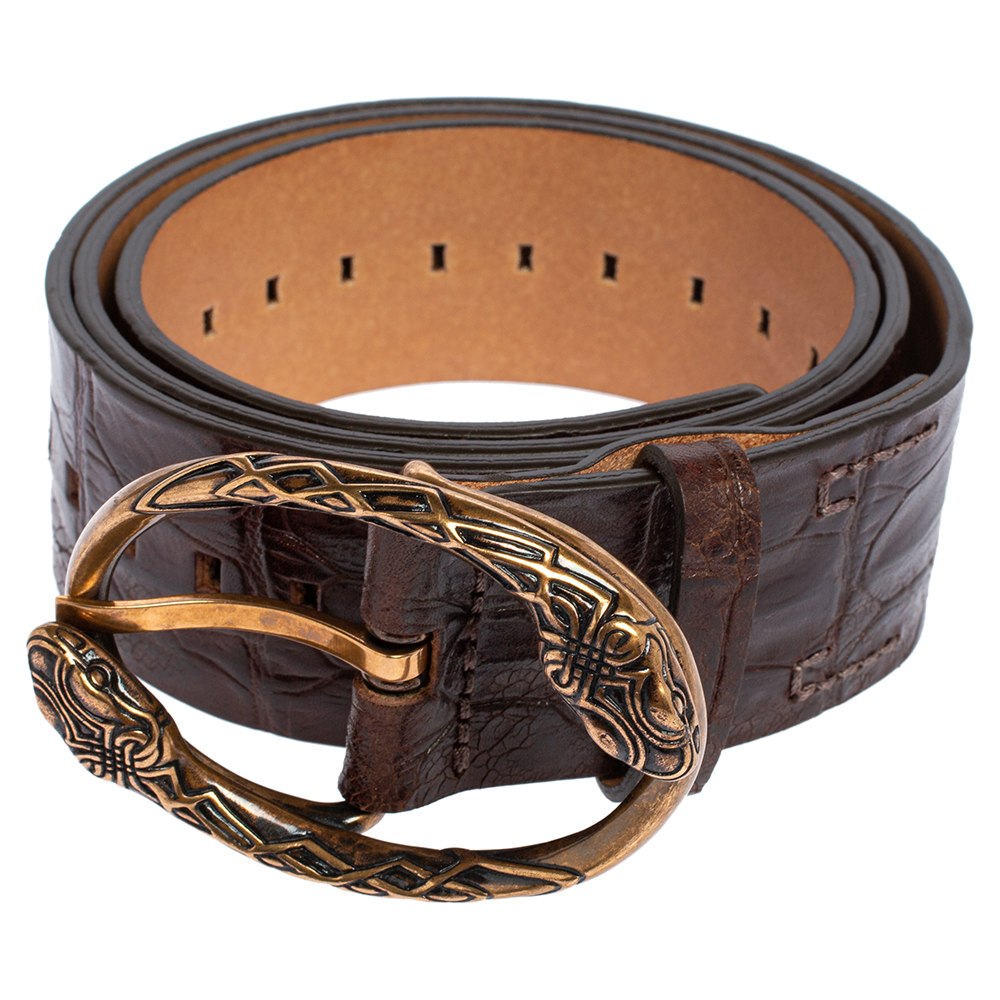 

Roberto Cavalli Dark Brown Croc Embossed Leather Snake Detail Buckle Belt