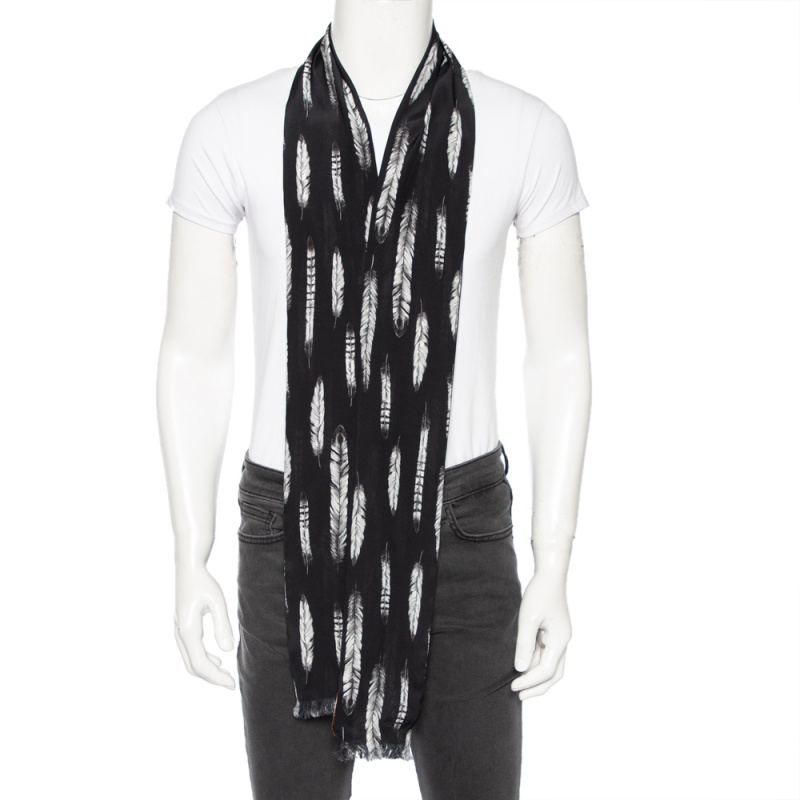 

Roberto Cavalli Black Plumage Print Silk Scarf