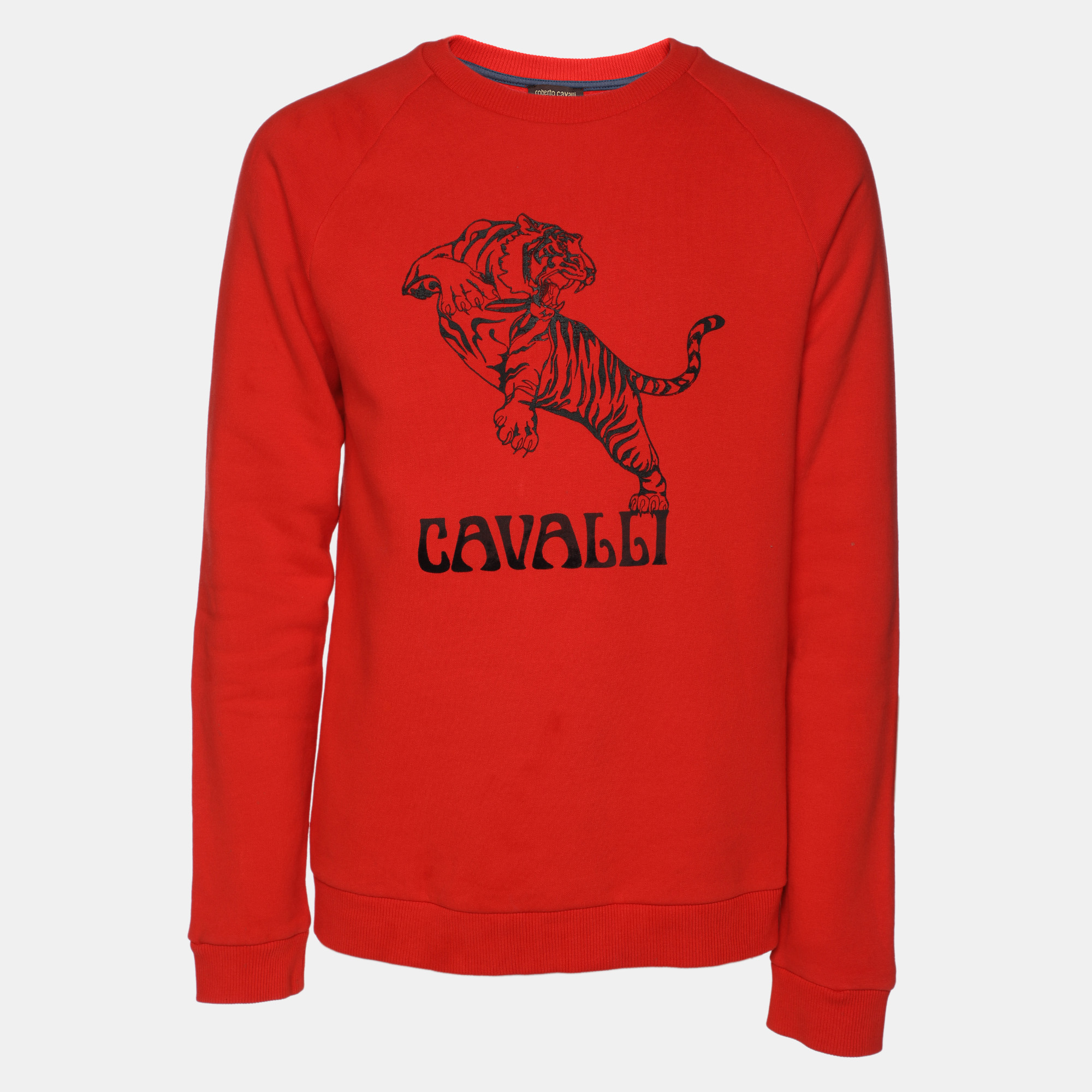 

Roberto Cavalli Orange Cotton Knit Blend Tiger Print Sweatshirt L