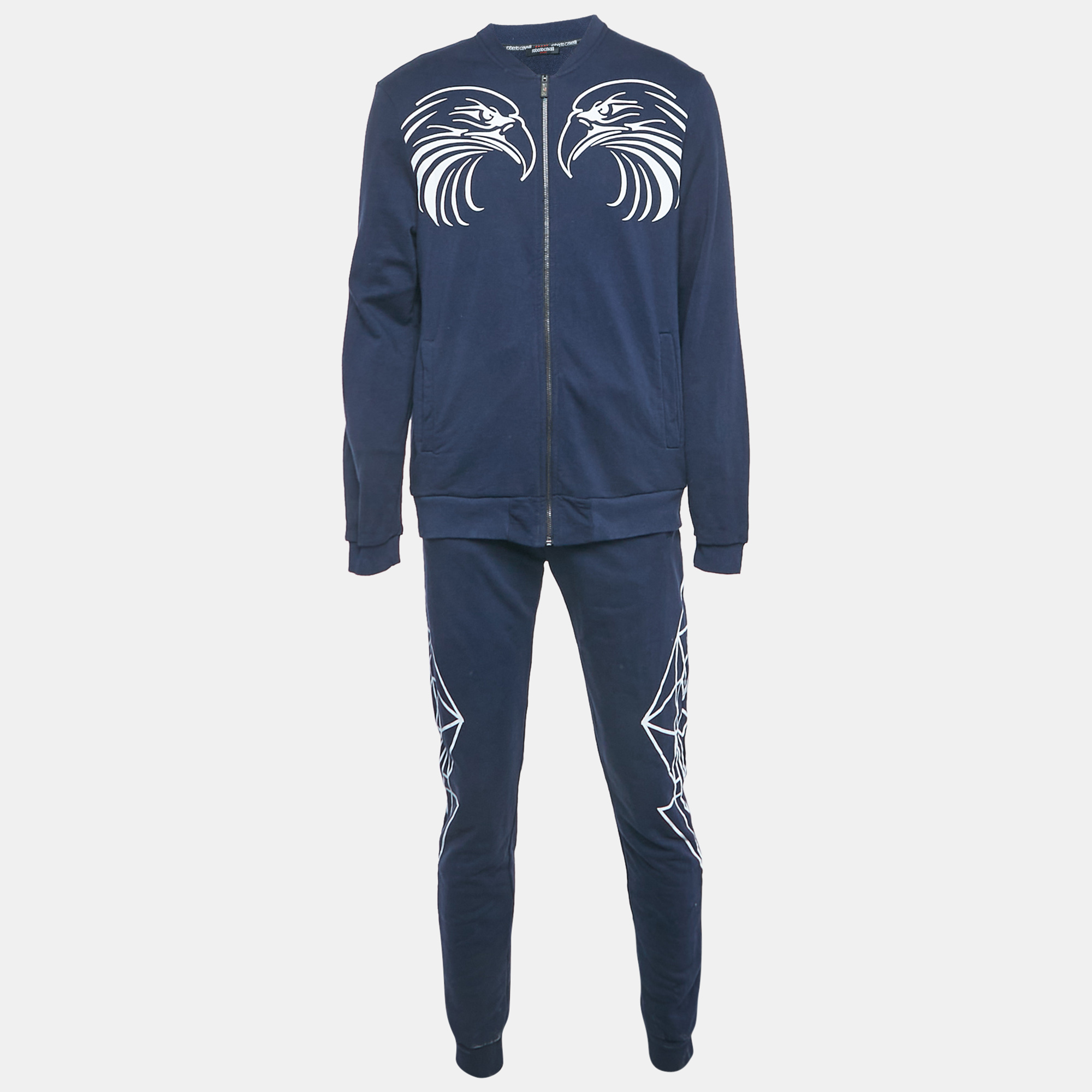 

Roberto Cavalli Navy Blue Printed Cotton Knit Zip Front Jacket & Joggers Set L