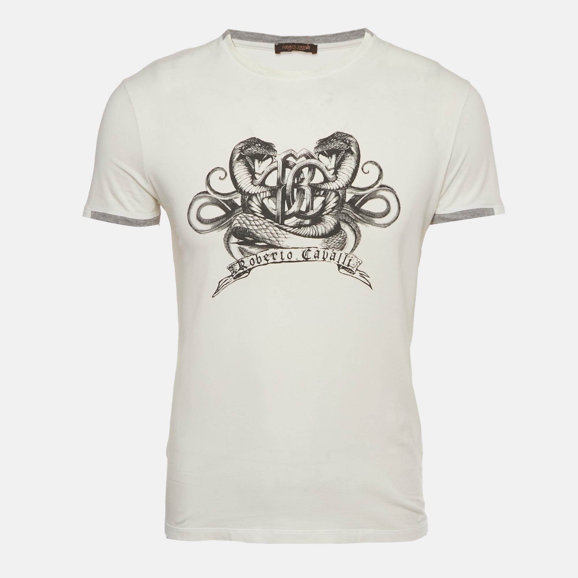 Pre-owned Roberto Cavalli Cream Printed Jersey T-shirt M In White