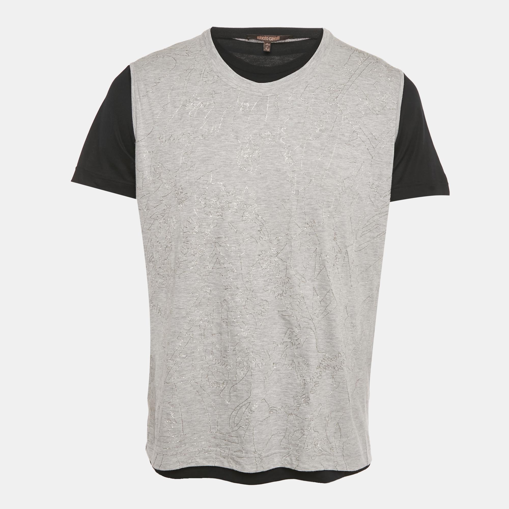 

Roberto Cavalli Grey Embroidered Jersey Layered T-Shirt M