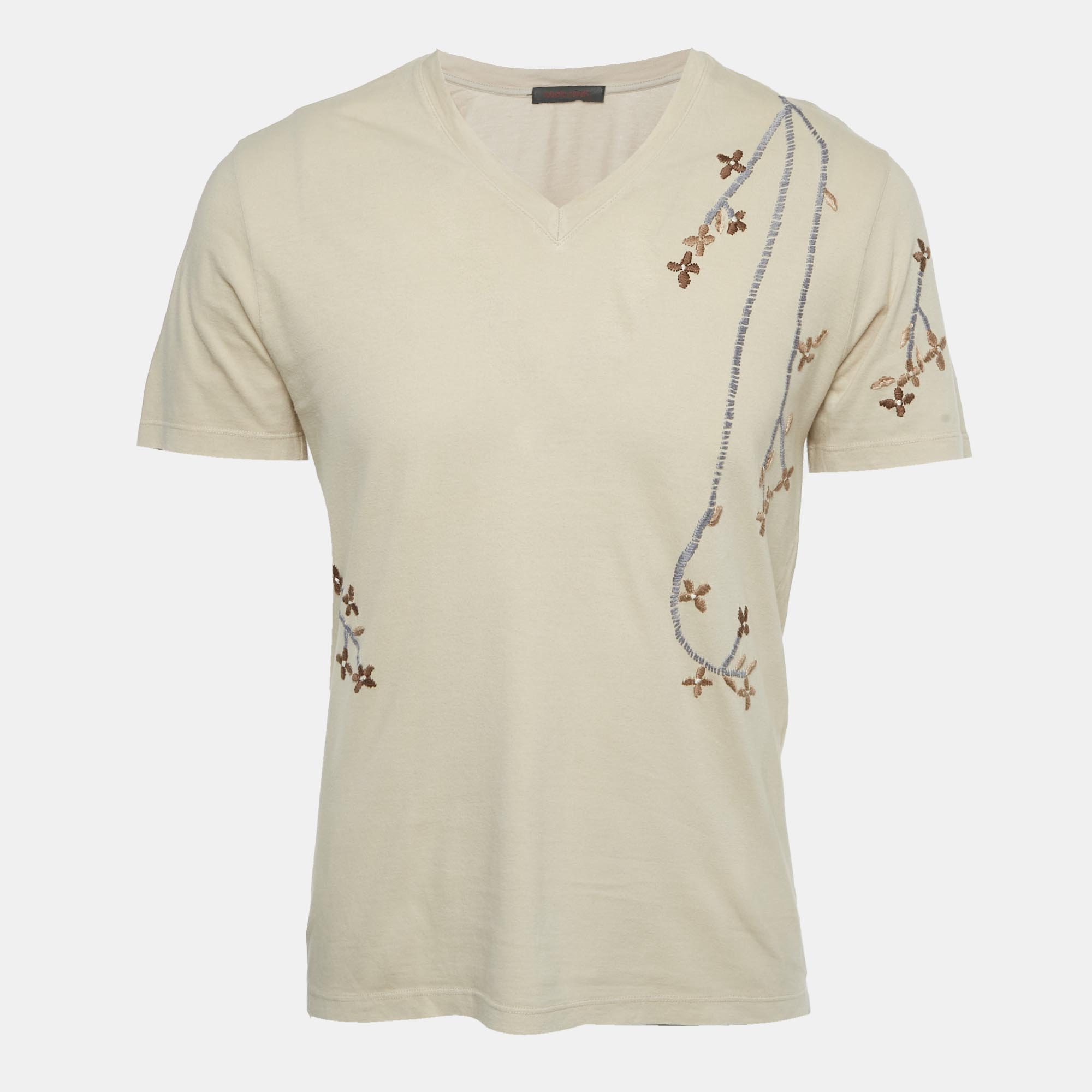 

Roberto Cavalli Beige Floral Embroidered Jersey V-Neck T-Shirt S