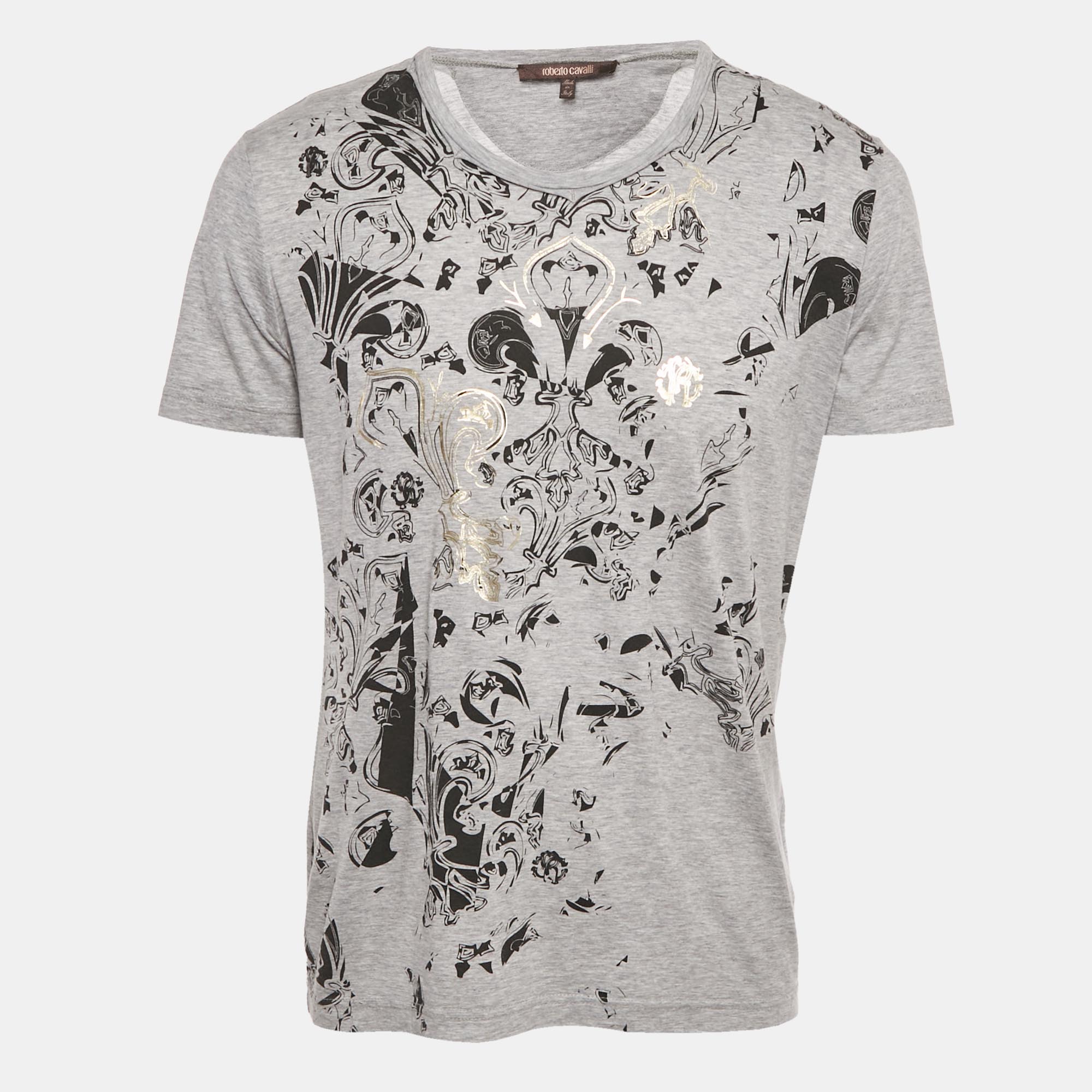Pre-owned Roberto Cavalli Grey Printed Jersey T-shirt M In Gray