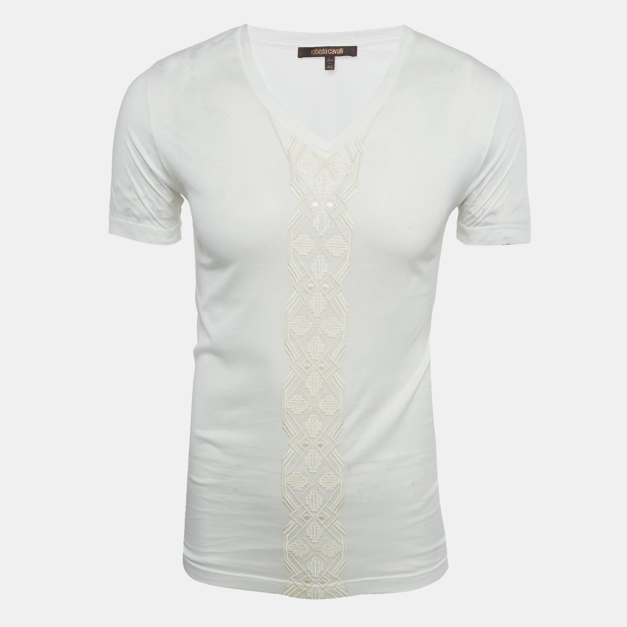

Roberto Cavalli White Embroidered Jersey V-Neck T-Shirt S